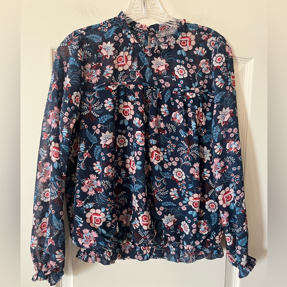 Rags to Wishes Designer Floral Ruffle Navy Blouse Women’s Size Medium